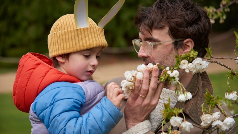 Father and son look closely at white cherry blossom on the Felbrigg Estate, Norfolk